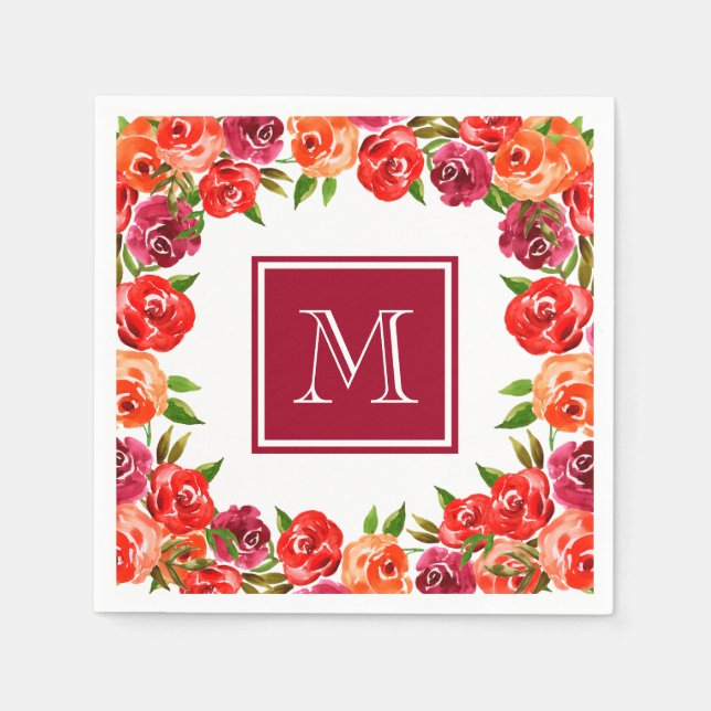 Serviette En Papier Fleurs rose rouge orange Monogramme (Devant)