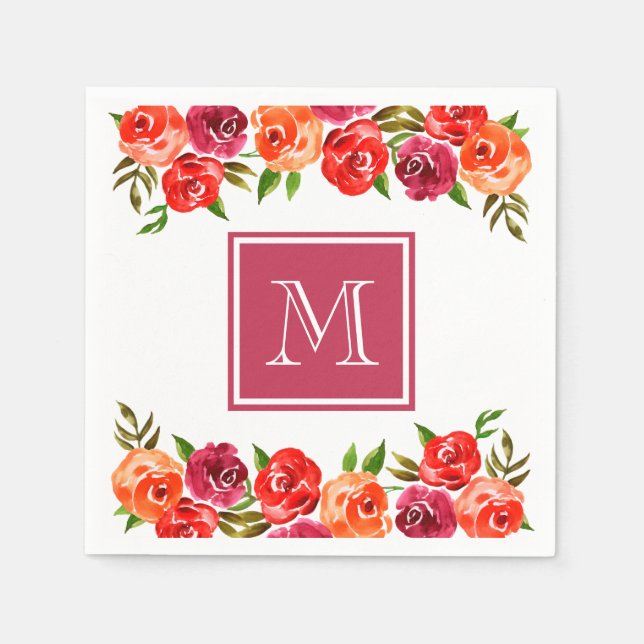 Serviette En Papier Fleurs rose rouge orange Monogrammées (Devant)