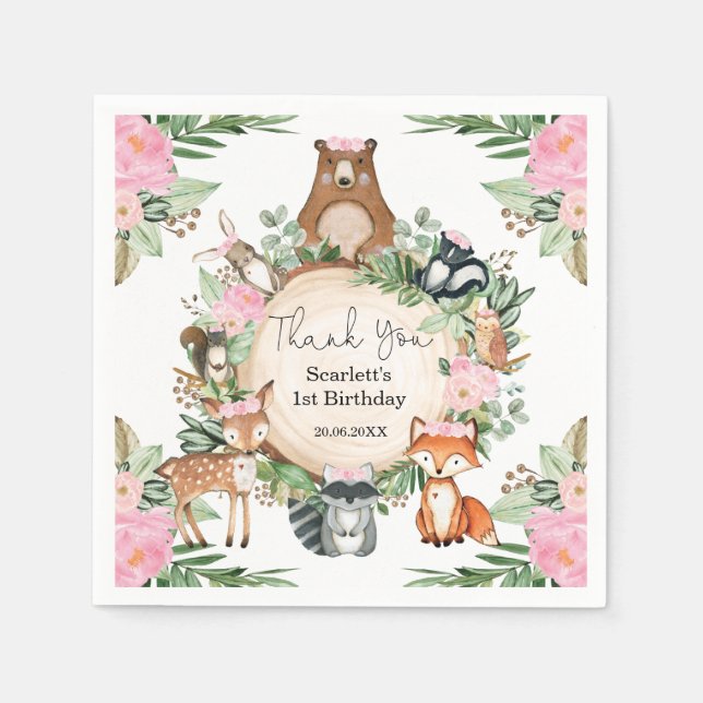 Serviette En Papier Fleurs roses Animaux Bois Bébé Fille Anniversaire (Devant)