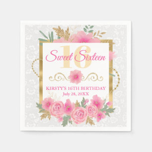Serviette En Papier Fleurs roses aquarelle et douce seize ans feuille