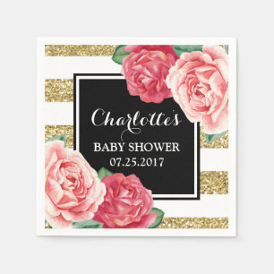 Serviette En Papier Fleurs roses Baby shower à rayures d'or noir