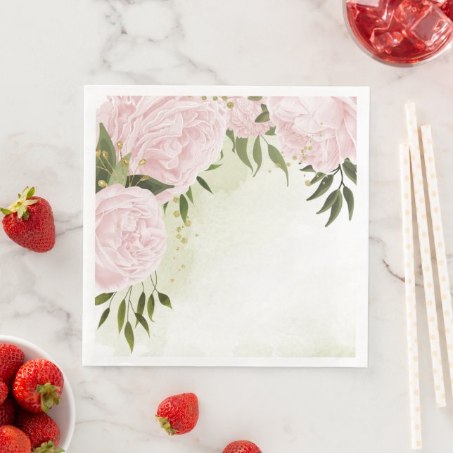 Serviette En Papier Fleurs roses boho feuilles vertes botanique  (En situation)