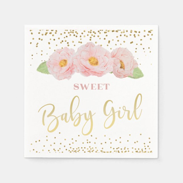 Serviette En Papier Fleurs roses confettis dorés Baby Shower pour peti (Devant)