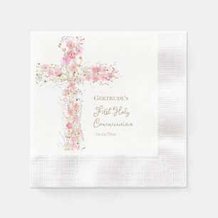 Serviette En Papier fleurs roses croix Première Sainte Communion