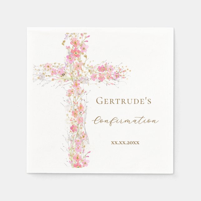 Serviette En Papier fleurs roses de confirmation croix (Devant)