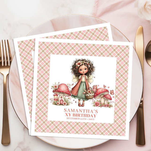 Serviette En Papier Fleurs roses de fée capricieuse fête avec nom pers (Whimsical Fairy Pink Flowers Custom Name Party Napkins)