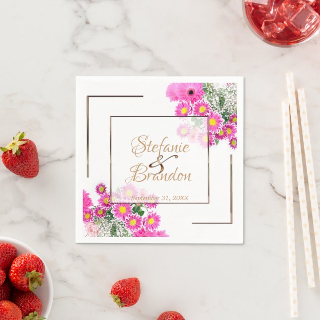 Serviette En Papier Fleurs roses/Doré (En situation)