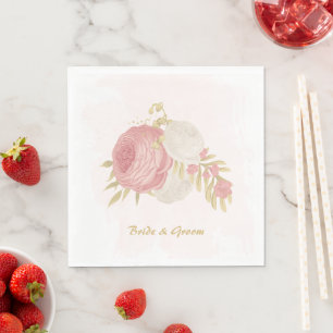 Serviette En Papier Fleurs roses et blanches romantiques or