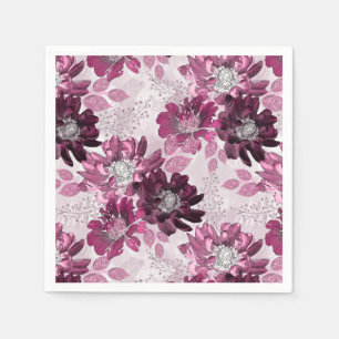 Serviette En Papier Fleurs roses et bordeaux sur rose poussiéreux