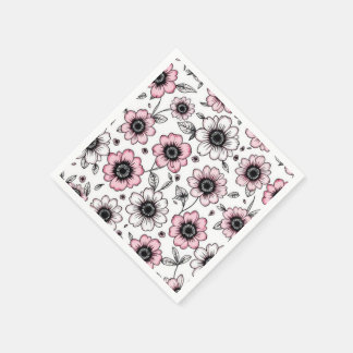 Serviette En Papier Fleurs roses et dessin feuille