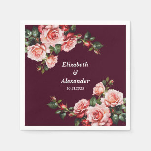 Serviette En Papier Fleurs roses et rouges foncées et sombres bordeaux