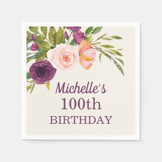 Serviette En Papier Fleurs roses et violettes sur fond crème pour 100e (Devant)