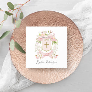 Serviette En Papier Fleurs roses Fairytale Crest et Croix Baptême