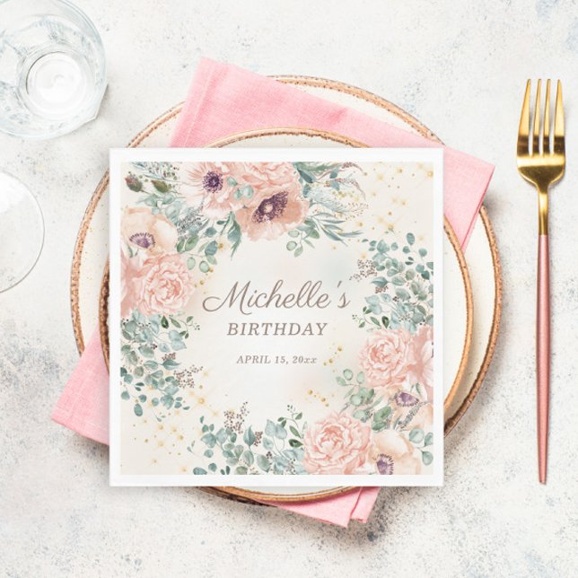 Serviette En Papier Fleurs roses, feuillage vert et paillettes dorées  (Blush pink floral and sage green leaves birthday party paper napkins)