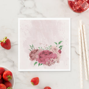 Serviette En Papier fleurs roses feuilles vertes mariage