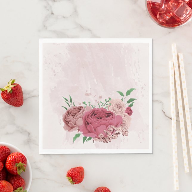 Serviette En Papier fleurs roses feuilles vertes mariage (En situation)