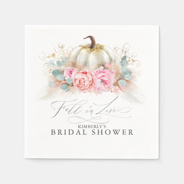 Serviette En Papier Fleurs roses herbe de la pampa et citrouille blanc (Devant)
