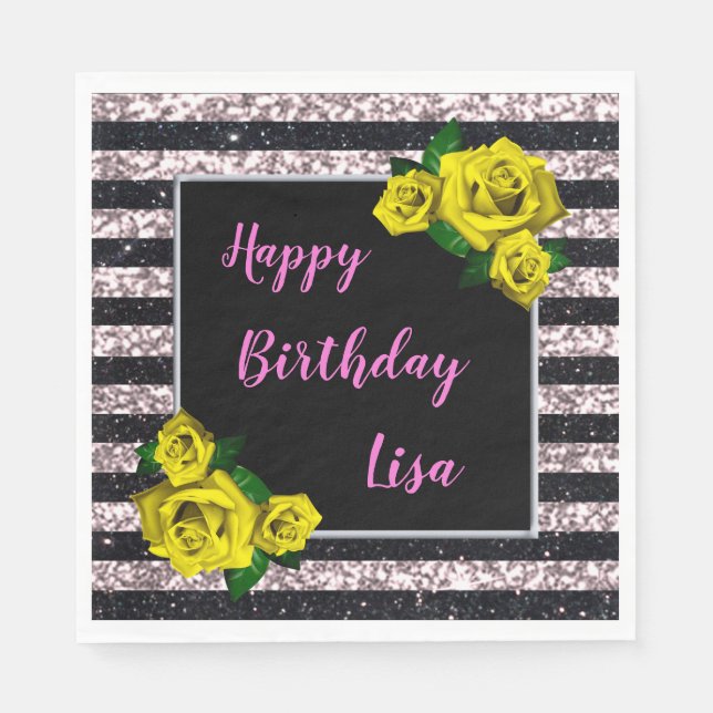 Serviette En Papier Fleurs roses jaunes de bandes de scintillement de  (Devant)