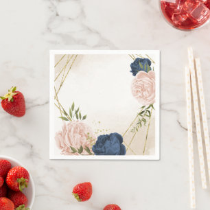 Serviette En Papier fleurs roses marine feuilles vertes mariage