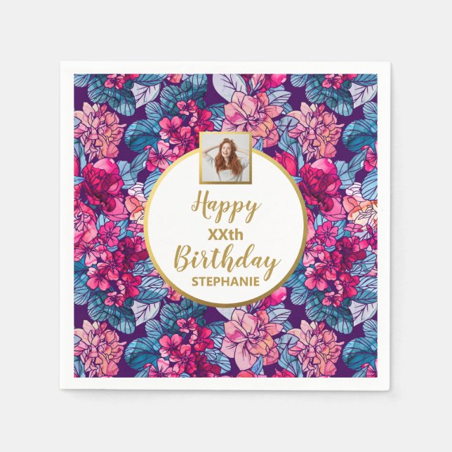 Serviette En Papier Fleurs roses, photo, tout âge, anniversaire person (Devant)