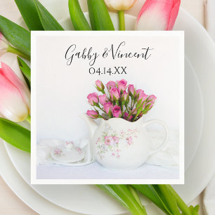 Serviette En Papier Fleurs roses roses en Mariage de théière