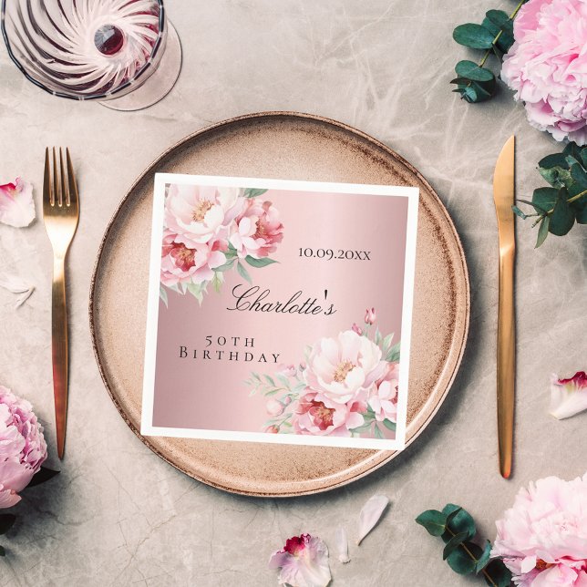 Serviette En Papier Fleurs roses roses poussiéreuses élégant anniversa (Créateur téléchargé)