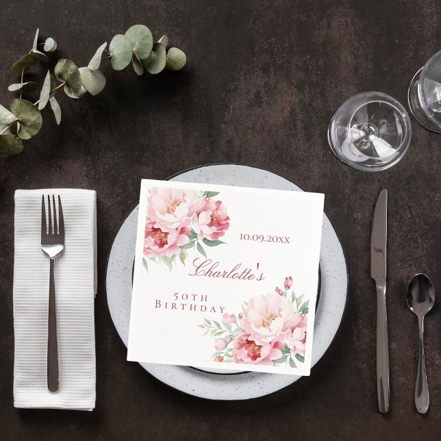 Serviette En Papier Fleurs roses roses rose élégant anniversaire (Créateur téléchargé)