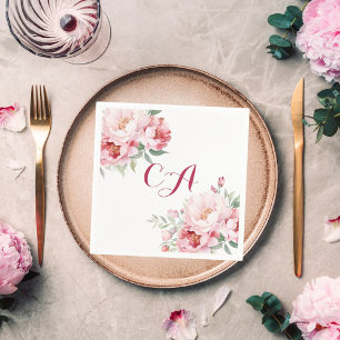 Serviette En Papier Fleurs roses roses rose monogramme anniversaire