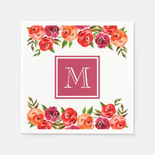 Serviette En Papier Fleurs roses rouges orange monogrammes