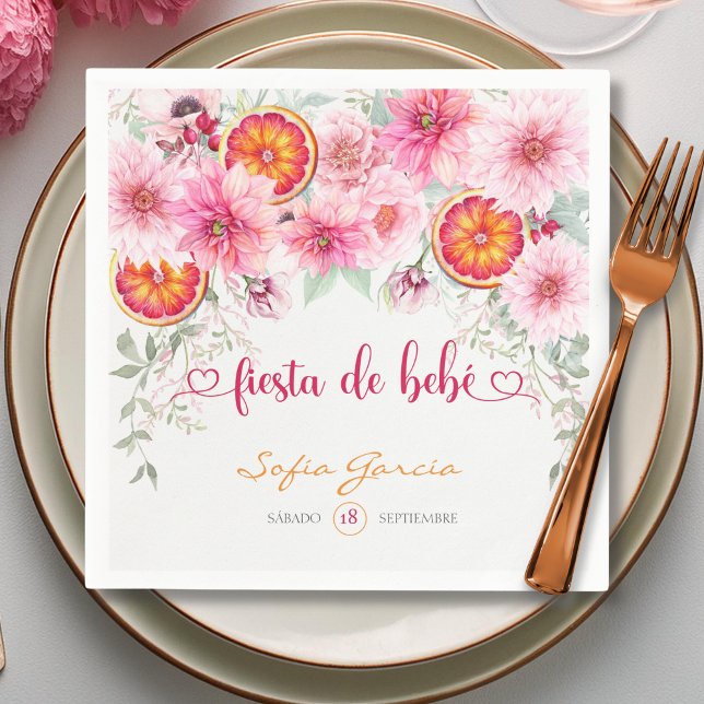 Serviette En Papier Fleurs roses rousses Fiesta Baby shower espagnol (Citrus and pink watercolor flowers Spanish baby shower party napkins)