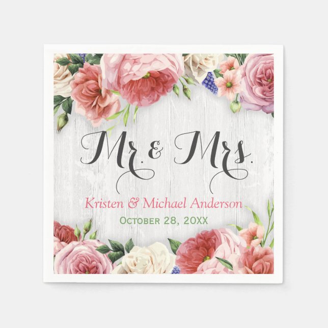 Serviette En Papier Fleurs Roses rustiques Mariage en bois blanc Monog (Devant)