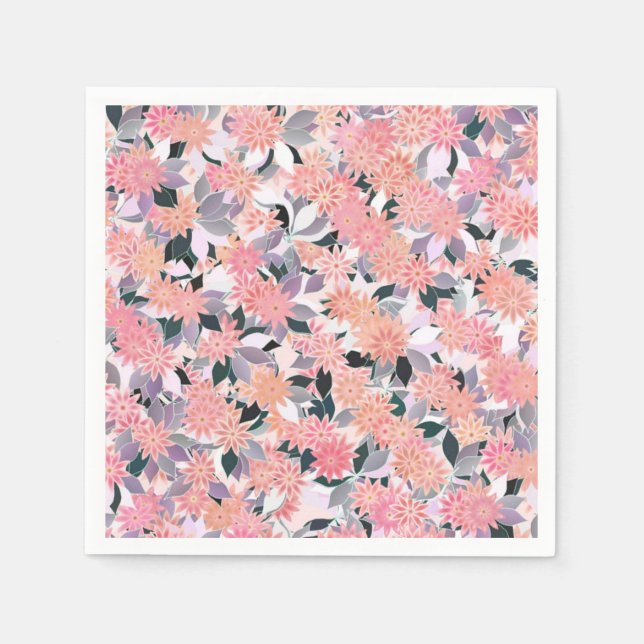 Serviette En Papier Fleurs roses sur fond de feuilles argentées (Devant)