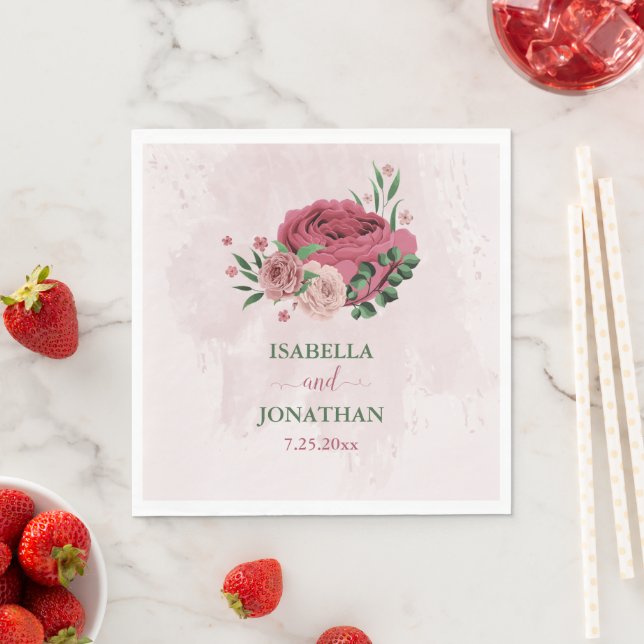 Serviette En Papier fleurs roses vert feuille mariage (En situation)