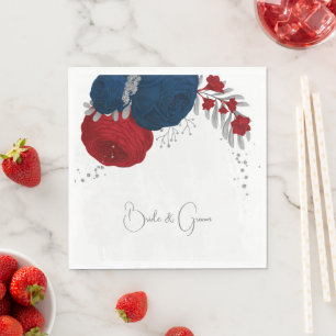 Serviette En Papier fleurs rouge foncé et bleu marine mariage argent