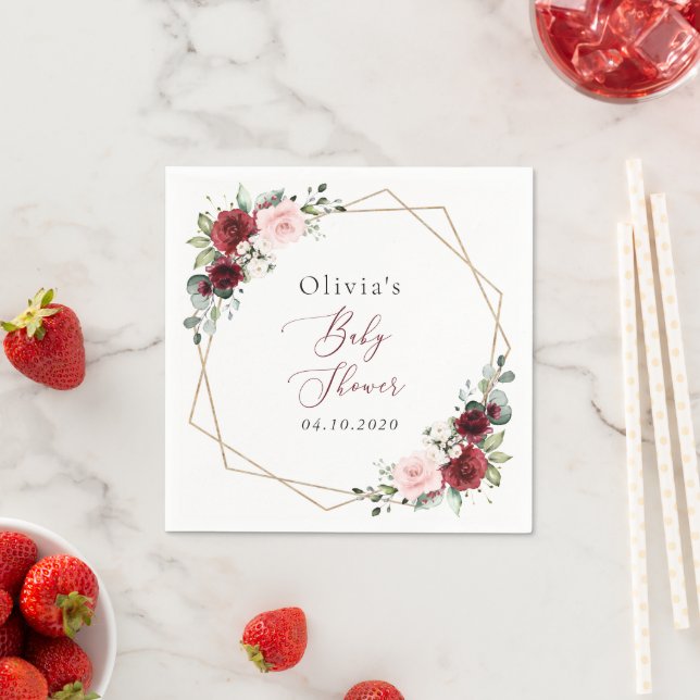 Serviette En Papier Fleurs Rouges Bourgogne, Fleurs Roses, Baby shower (En situation)