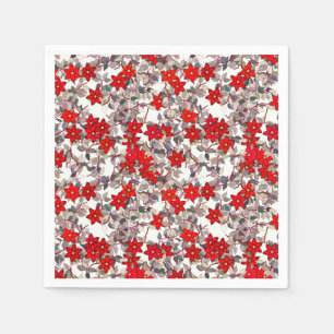 Serviette En Papier Fleurs rouges et feuille de gris argenté