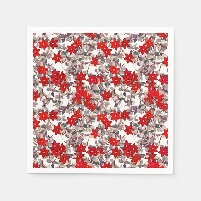 Serviette En Papier Fleurs rouges et feuilles gris argenté (Devant)