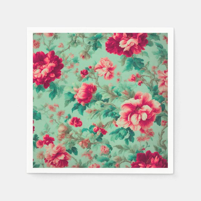 Serviette En Papier Fleurs rouges exquises et Feuilles verts (Devant)