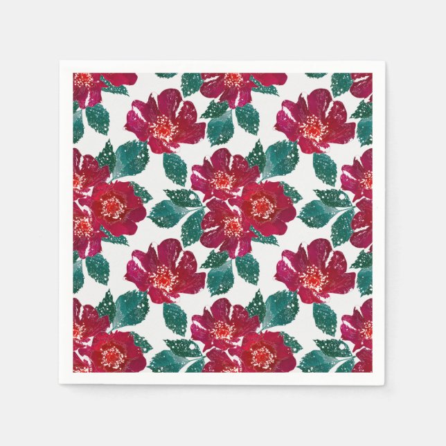 Serviette En Papier Fleurs rouges sur blanc. (Devant)