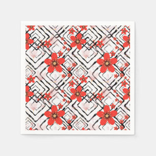 Serviette En Papier Fleurs rouges sur fond blanc et noir.