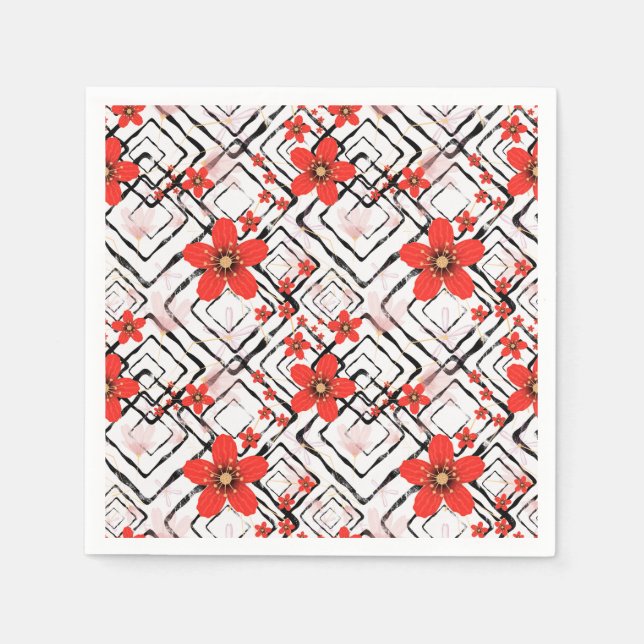 Serviette En Papier Fleurs rouges sur fond blanc et noir. (Devant)