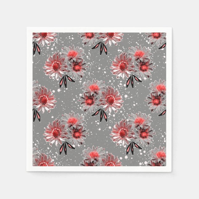 Serviette En Papier Fleurs rouges sur gris (Devant)