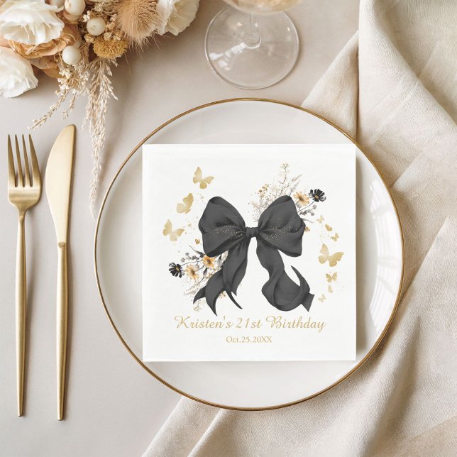 Serviette En Papier Fleurs sauvages Coquette Noir Élégant (Elegant Black Gold Coquette Bow Napkins)