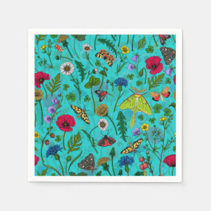 Serviette En Papier Fleurs sauvages et papillons de nuit sur turquoise