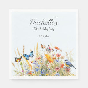 Serviette En Papier Fleurs sauvages Papillons Oiseaux Surprise 80 ans