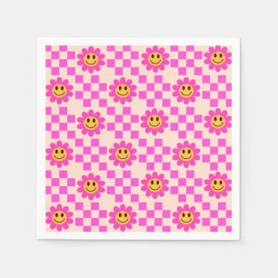Serviette En Papier Fleurs souriantes rose vif à carreaux avec des car