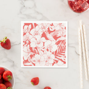 Serviette En Papier Fleurs tropicales et colibri en corail et dépareil