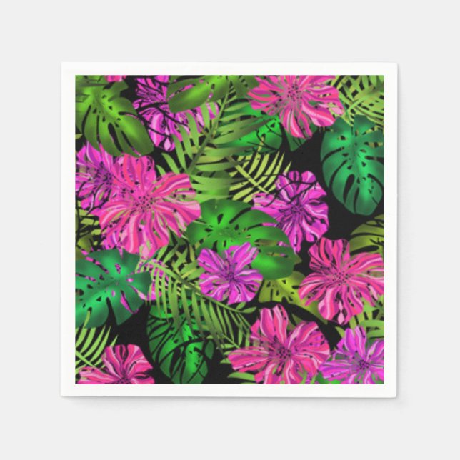 Serviette En Papier Fleurs tropicales et plantes en noir (Devant)