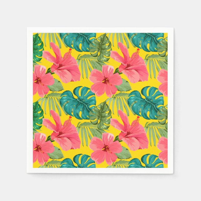Serviette En Papier Fleurs tropicales exotiques et feuillage sur Jaune (Devant)