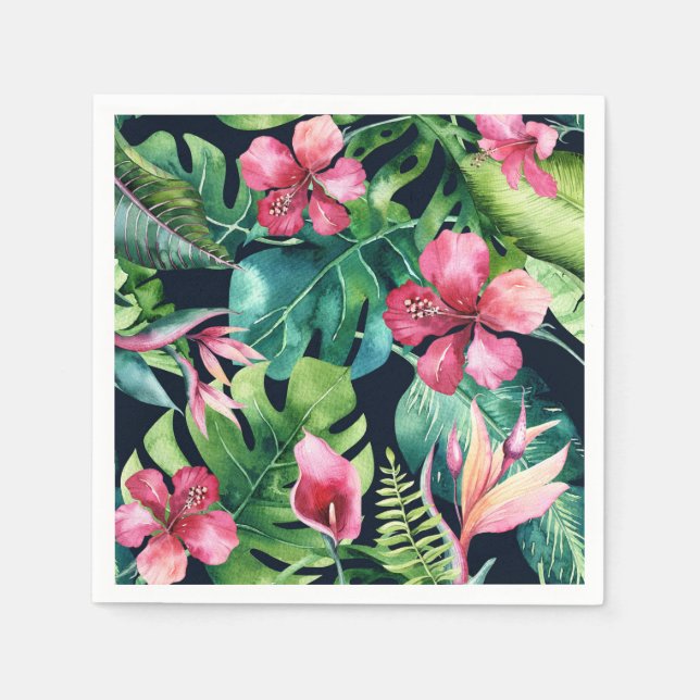 Serviette En Papier Fleurs tropicales Hibiscus et feuilles de palmier  (Devant)